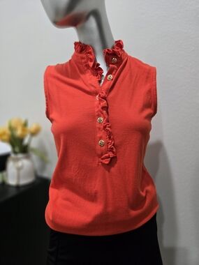 Tory Burch Reddish Orange Sleeveless Ruffle Henley Tank with Gold Buttons